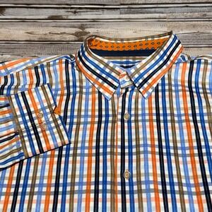 Luchiano Visconti Mens 3XL Plaid Button Down Shirt Blue Orange Long Sleeve